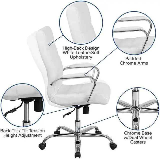Alt view image 12 of 20 - High Back Office Chair | White LeatherSoft Office Chair with Wheels and Arms