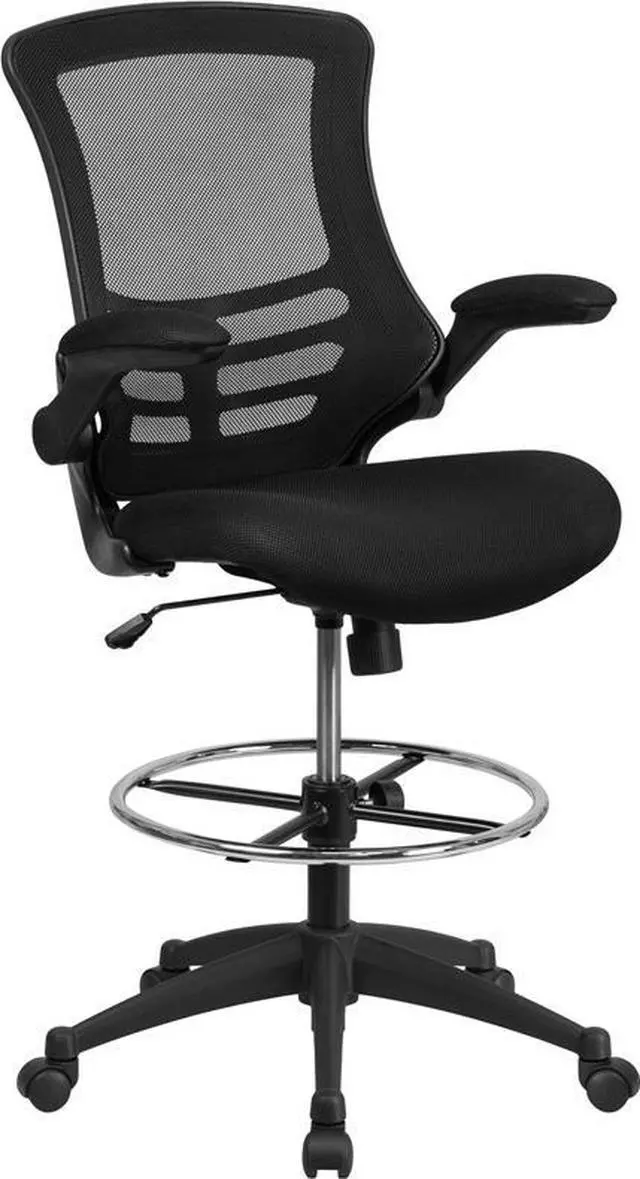 Alt view image 9 of 20 - Mid-Back Black Mesh Ergonomic Drafting Chair with Adjustable Foot Ring and Flip-Up Arms