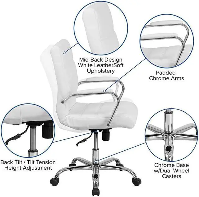 Alt view image 9 of 20 - Mid-Back White LeatherSoft Executive Swivel Office Chair with Chrome Base and Arms