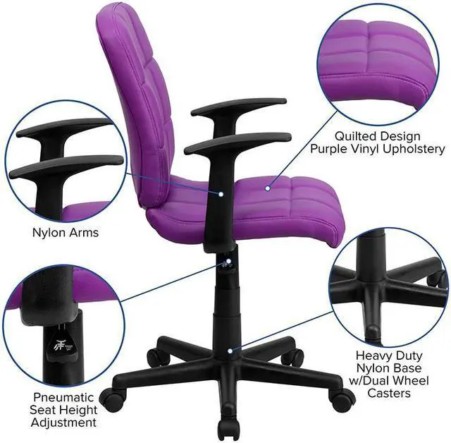 Alt view image 6 of 20 - Mid-Back Purple Quilted Vinyl Swivel Task Office Chair with Arms