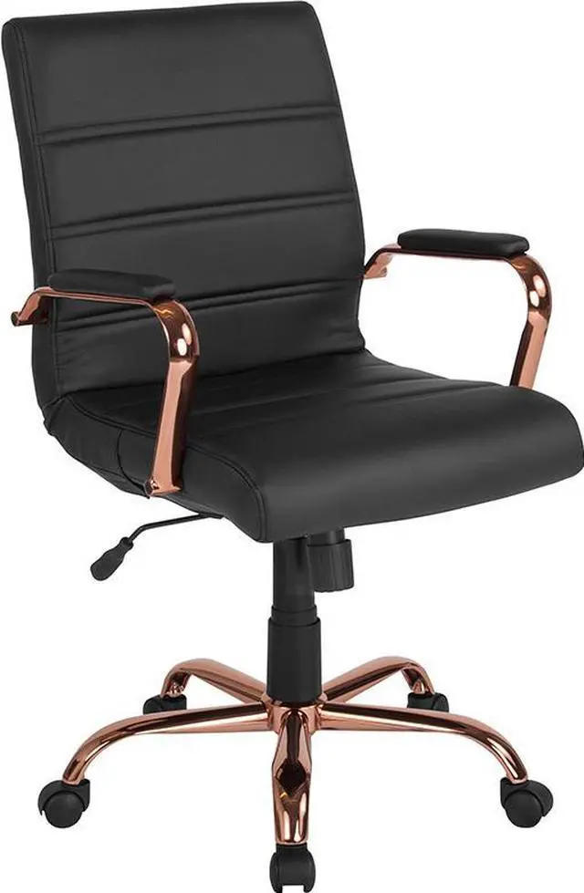 Alt view image 5 of 20 - Mid-Back Black LeatherSoft Executive Swivel Office Chair with Rose Gold Frame and Arms