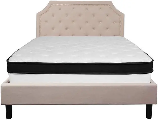 Alt view image 3 of 18 - Brighton Queen Size Tufted Upholstered Platform Bed in Beige Fabric with Memory Foam Mattress