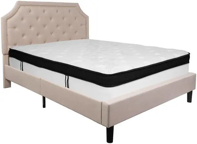 Main image of Brighton Queen Size Tufted Upholstered Platform Bed in Beige Fabric with Memory Foam Mattress