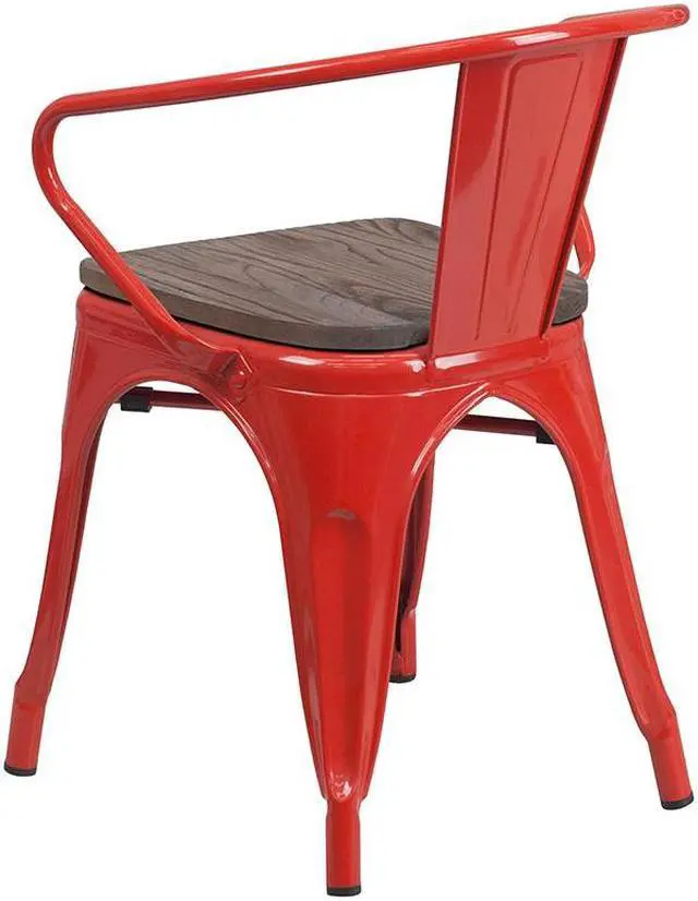 Alt view image 8 of 19 - Red Metal Chair with Wood Seat and Arms