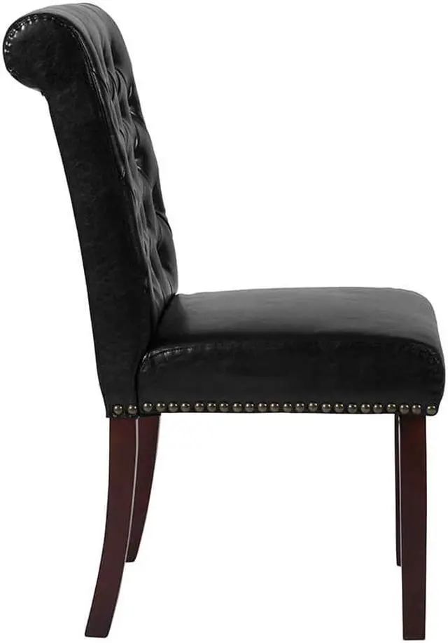 Alt view image 3 of 20 - HERCULES Series Black Leather Parsons Chair with Rolled Back, Accent Nail Trim and Walnut Finish