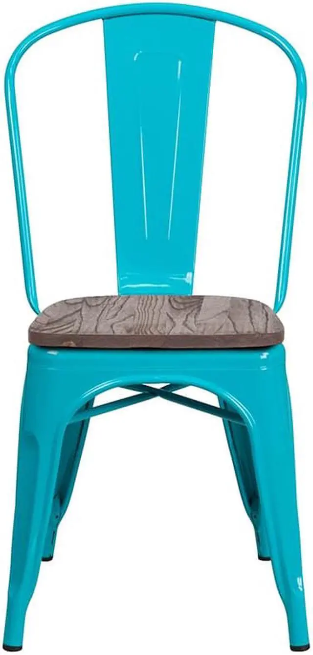 Alt view image 9 of 20 - Crystal Teal-Blue Metal Stackable Chair with Wood Seat