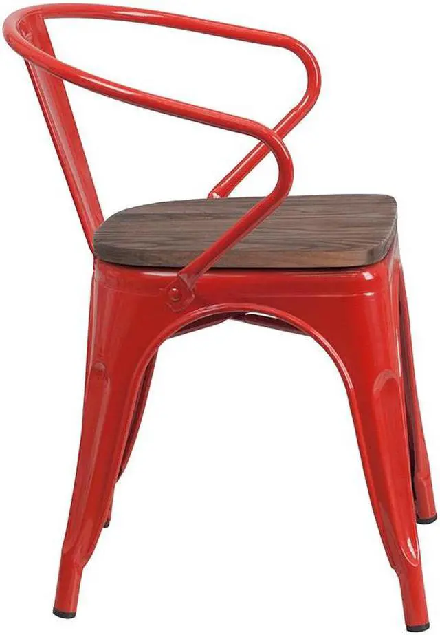 Alt view image 7 of 19 - Red Metal Chair with Wood Seat and Arms