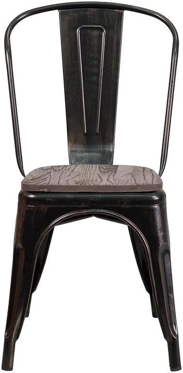 Alt view image 8 of 19 - Black-Antique Gold Metal Stackable Chair with Wood Seat