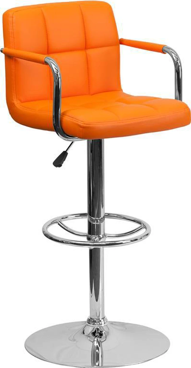 Alt view image 5 of 20 - Contemporary Orange Quilted Vinyl Adjustable Height Barstool with Arms and Chrome Base