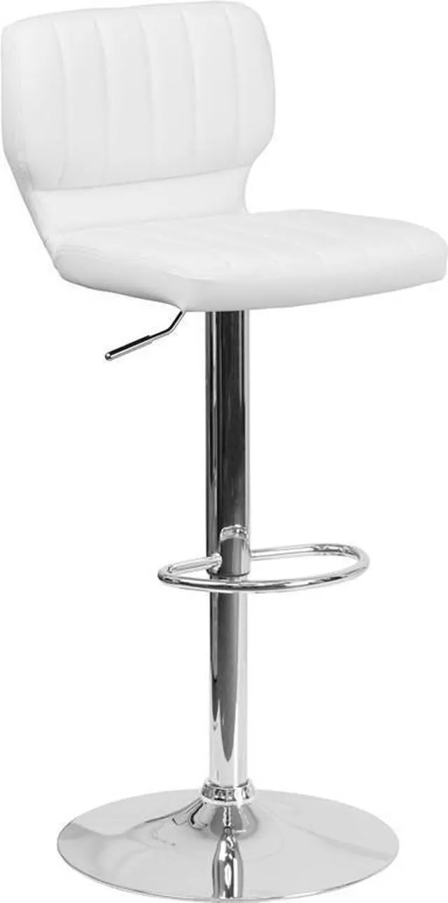 Alt view image 5 of 20 - Contemporary White Vinyl Adjustable Height Barstool with Vertical Stitch Back and Chrome Base