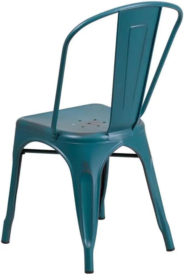 Alt view image 11 of 20 - Commercial Grade Distressed Kelly Blue-Teal Metal Indoor-Outdoor Stackable Chair