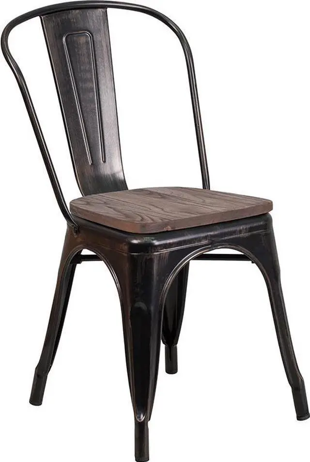 Alt view image 5 of 19 - Black-Antique Gold Metal Stackable Chair with Wood Seat