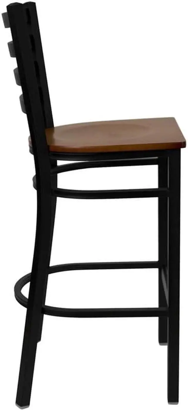 Alt view image 8 of 20 - HERCULES Series Black Ladder Back Metal Restaurant Barstool - Cherry Wood Seat