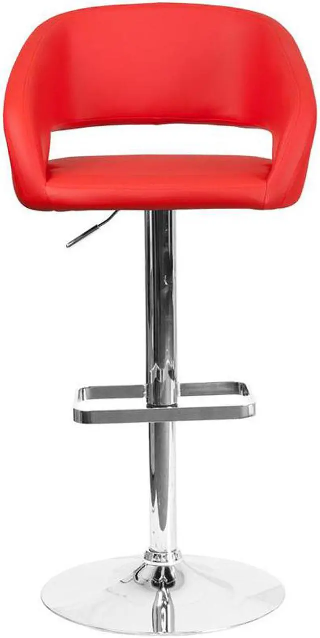 Alt view image 8 of 20 - Contemporary Red Vinyl Adjustable Height Barstool with Rounded Mid-Back and Chrome Base