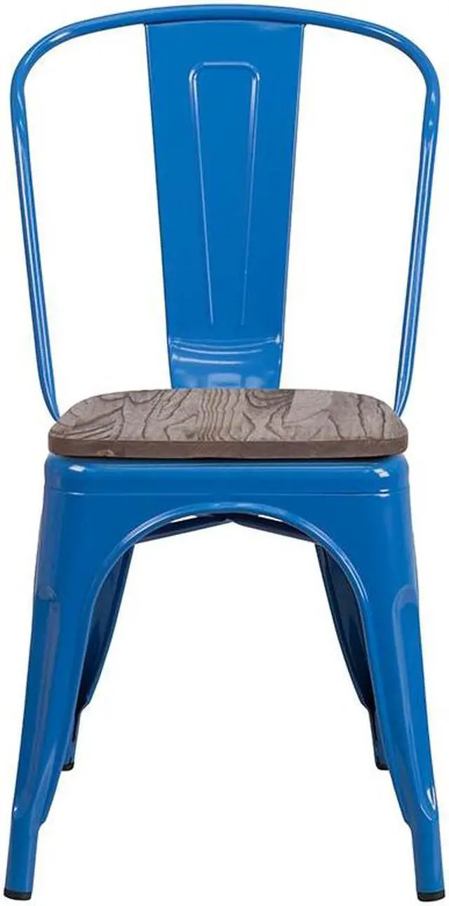 Alt view image 7 of 17 - Blue Metal Stackable Chair with Wood Seat