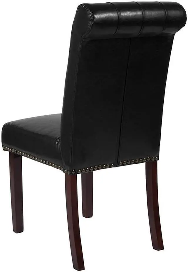 Alt view image 4 of 20 - HERCULES Series Black Leather Parsons Chair with Rolled Back, Accent Nail Trim and Walnut Finish
