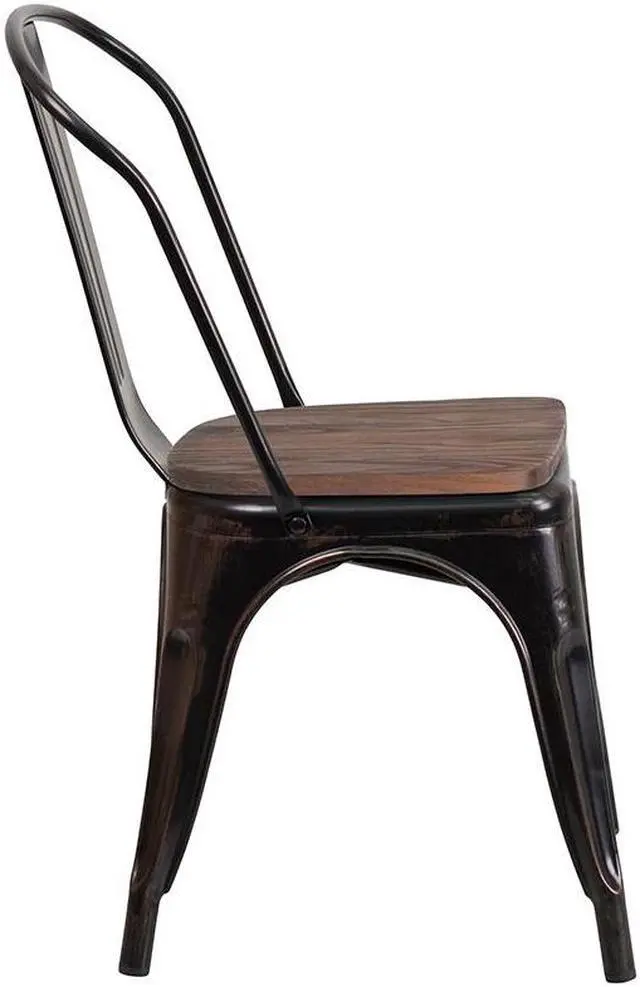 Alt view image 6 of 19 - Black-Antique Gold Metal Stackable Chair with Wood Seat