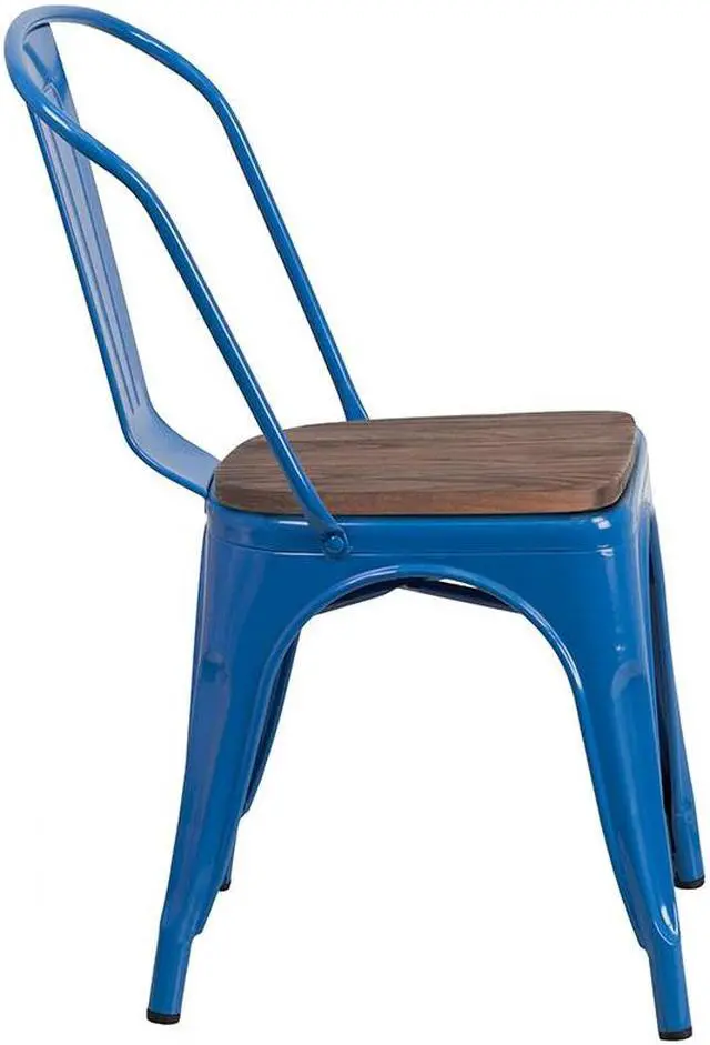 Alt view image 5 of 17 - Blue Metal Stackable Chair with Wood Seat