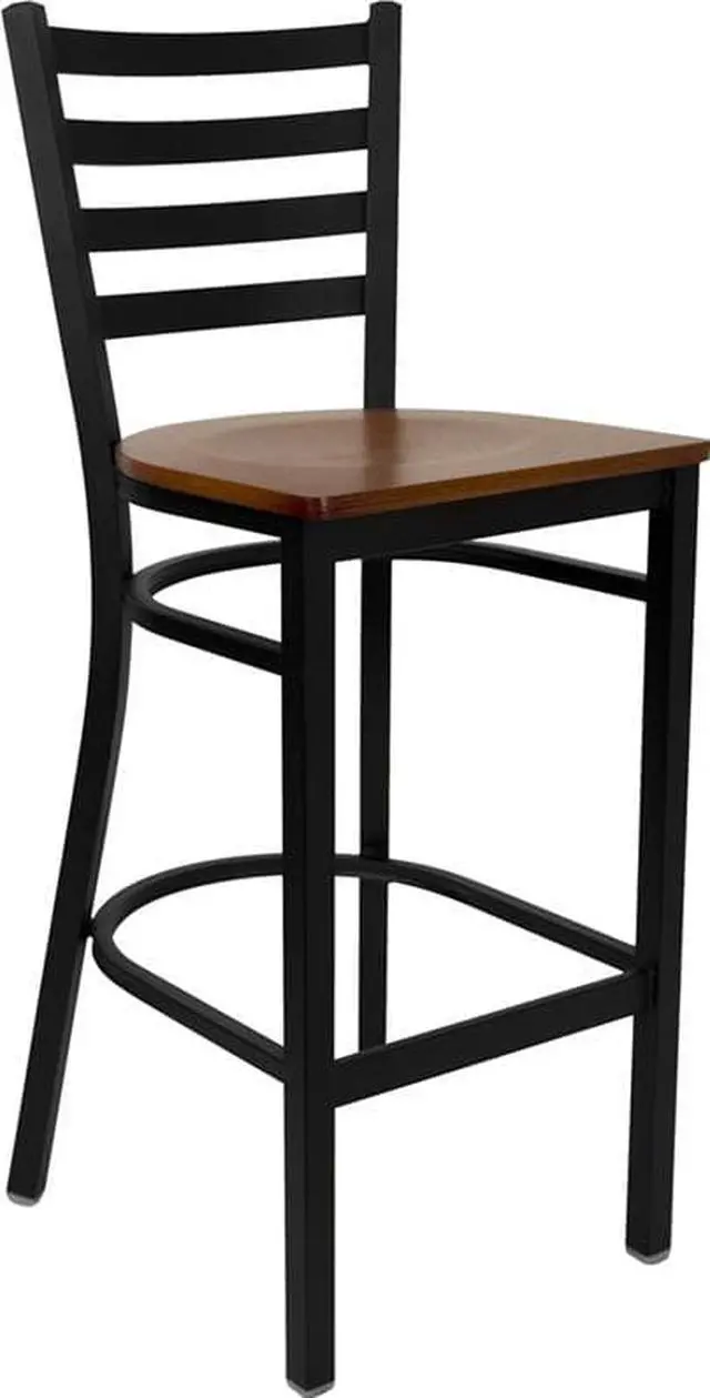 Alt view image 7 of 20 - HERCULES Series Black Ladder Back Metal Restaurant Barstool - Cherry Wood Seat
