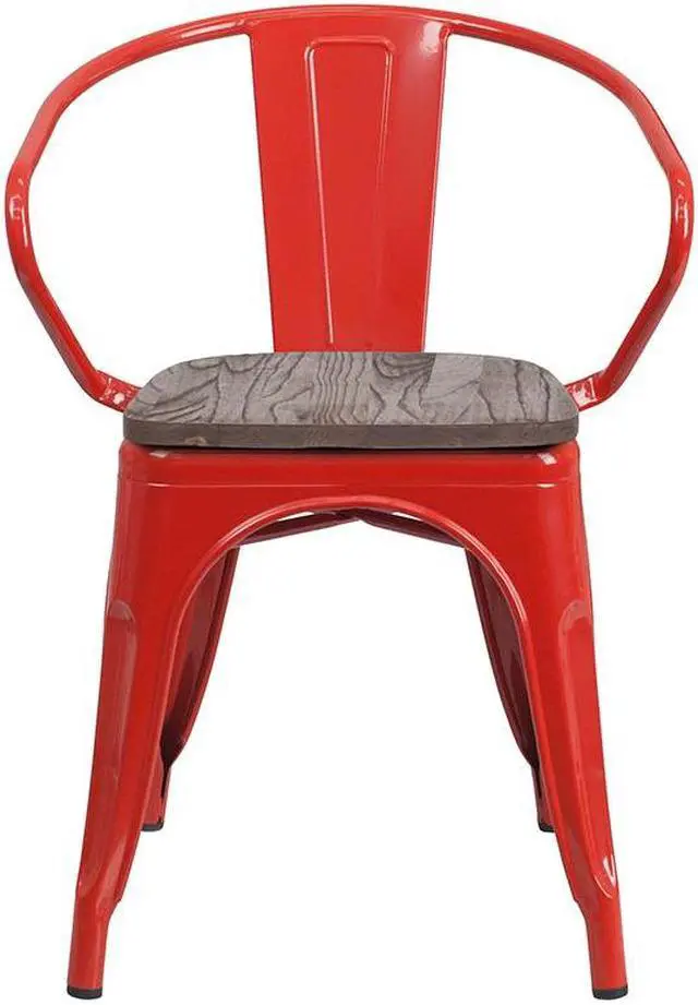 Alt view image 9 of 19 - Red Metal Chair with Wood Seat and Arms