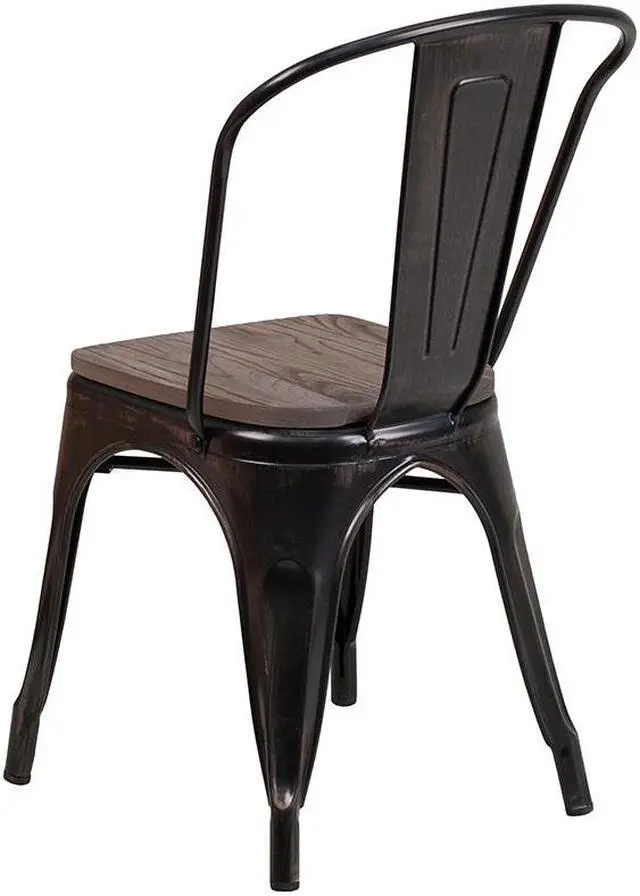 Alt view image 7 of 19 - Black-Antique Gold Metal Stackable Chair with Wood Seat