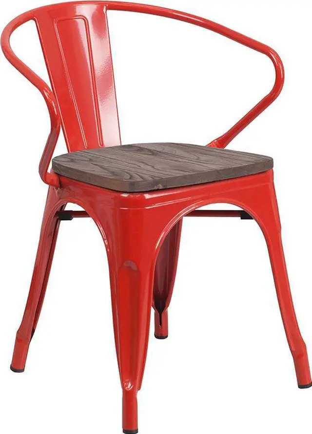 Alt view image 6 of 19 - Red Metal Chair with Wood Seat and Arms