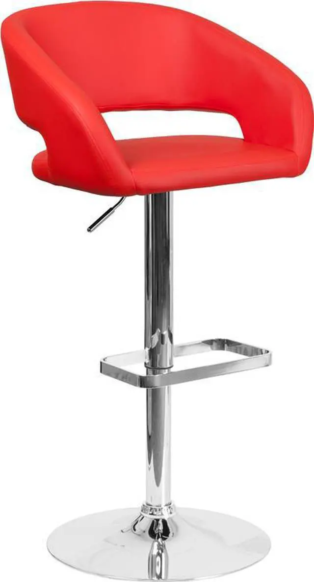 Alt view image 5 of 20 - Contemporary Red Vinyl Adjustable Height Barstool with Rounded Mid-Back and Chrome Base