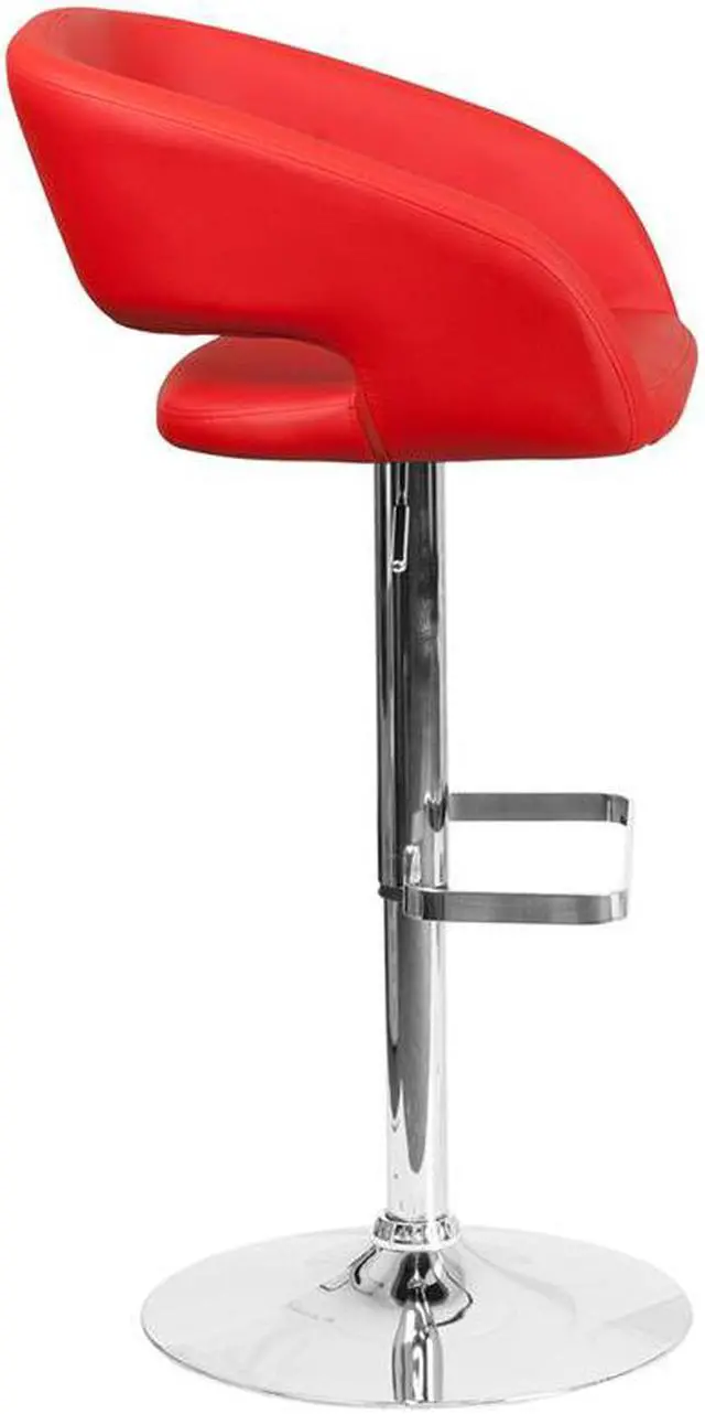 Alt view image 6 of 20 - Contemporary Red Vinyl Adjustable Height Barstool with Rounded Mid-Back and Chrome Base