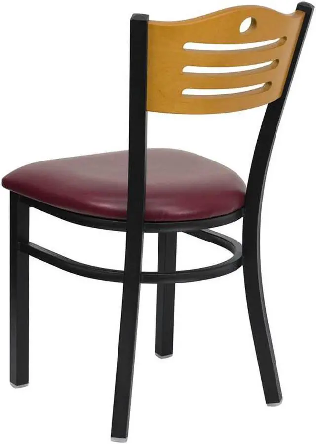Alt view image 7 of 14 - HERCULES Series Black Slat Back Metal Restaurant Chair - Natural Wood Back, Burgundy Vinyl Seat