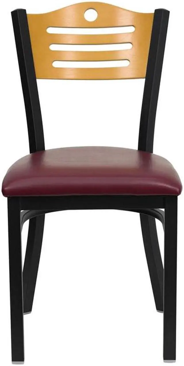 Alt view image 8 of 14 - HERCULES Series Black Slat Back Metal Restaurant Chair - Natural Wood Back, Burgundy Vinyl Seat