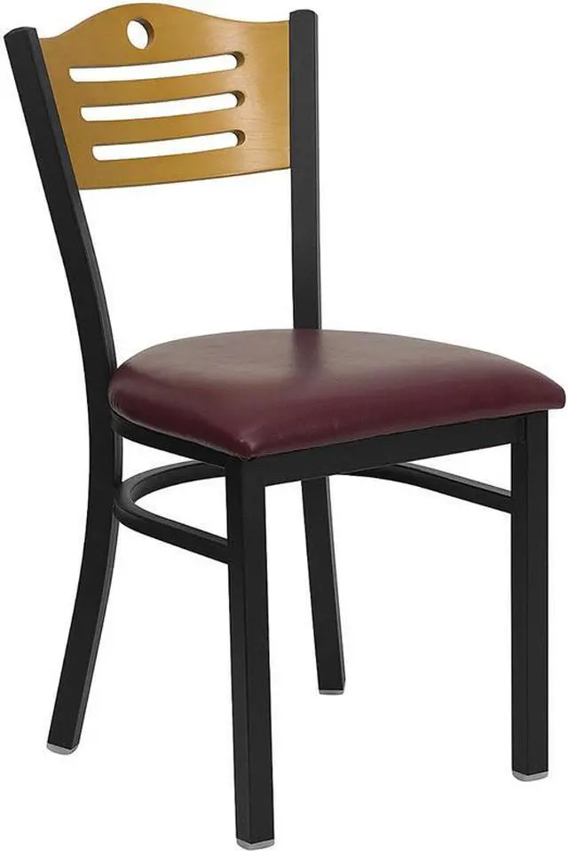 Alt view image 5 of 14 - HERCULES Series Black Slat Back Metal Restaurant Chair - Natural Wood Back, Burgundy Vinyl Seat