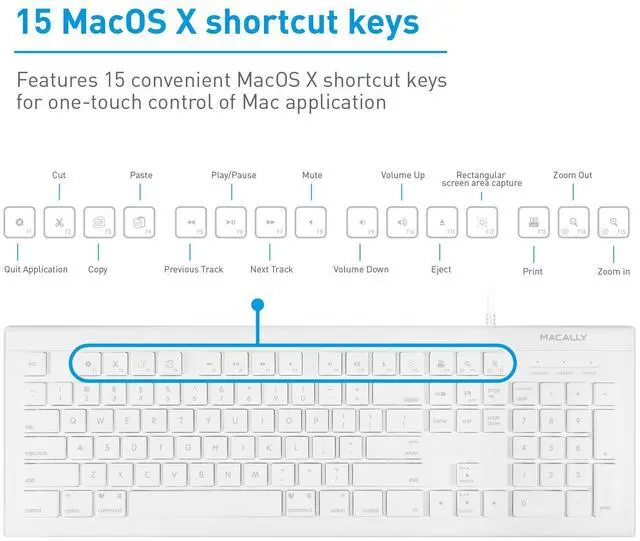 Alt view image 5 of 13 - Macally Full Size USB Wired Keyboard (MKEYE) for Mac and PC (White) w/ Shortcut Hot Keys