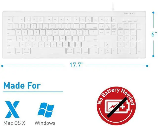 Alt view image 2 of 13 - Macally Full Size USB Wired Keyboard (MKEYE) for Mac and PC (White) w/ Shortcut Hot Keys