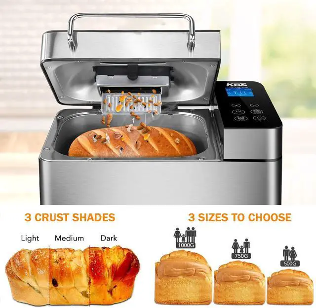 Alt view image 3 of 7 - KBS Pro Stainless Steel Bread Machine, 2LB 17-in-1 Programmable XL Bread Maker with Fruit Nut Dispenser, Nonstick Ceramic Pan& Digital Touch Panel, 3 Loaf Sizes 3 Crust Colors, Reserve& Keep Warm Set