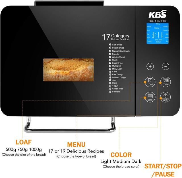  KBS Automatic 19 in 1 Bread Machine, 2LB Bread Maker with Fully  Stainless, Dough Maker, 3 Crust Colors & 3 Loaf Sizes, 15H Timer and 1H  Keep Warm Setting, Recipes and