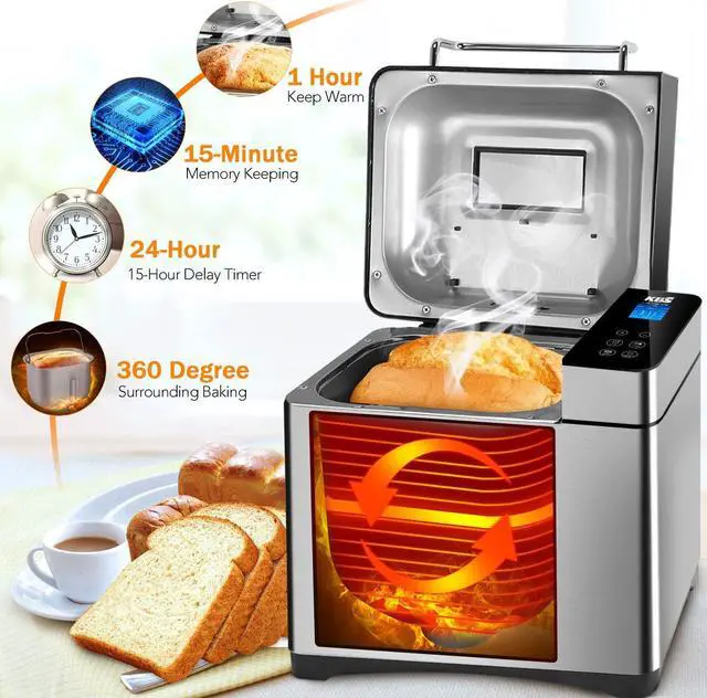 Alt view image 5 of 7 - KBS Pro Stainless Steel Bread Machine, 2LB 17-in-1 Programmable XL Bread Maker with Fruit Nut Dispenser, Nonstick Ceramic Pan& Digital Touch Panel, 3 Loaf Sizes 3 Crust Colors, Reserve& Keep Warm Set