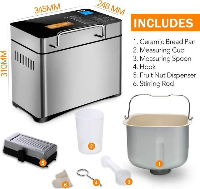 Alt view image 6 of 7 - KBS Pro Stainless Steel Bread Machine, 2LB 17-in-1 Programmable XL Bread Maker with Fruit Nut Dispenser, Nonstick Ceramic Pan& Digital Touch Panel, 3 Loaf Sizes 3 Crust Colors, Reserve& Keep Warm Set