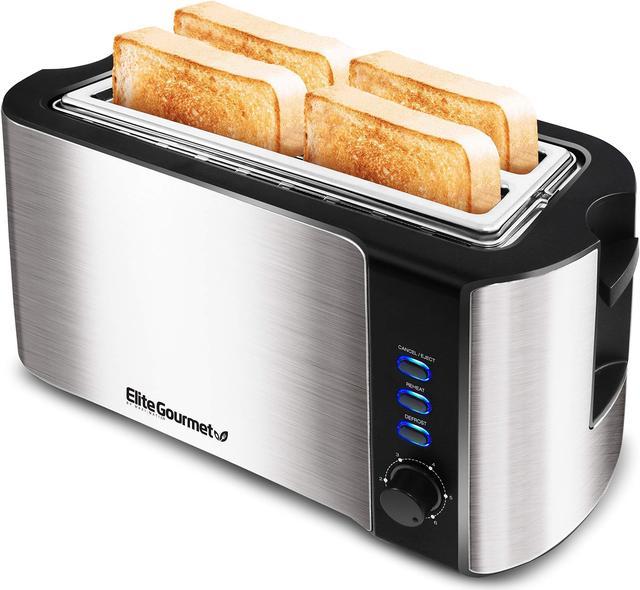 Elite Gourmet ECT-3100 Maxi-Matic 4 Slice Long Toaster with Extra Wide 1.5  Slot for Bread, Bagels, Croissants, and Buns, Reheat, Cancel and Defrost, 6  Adjustable Toast Settings, Stainless Steel 