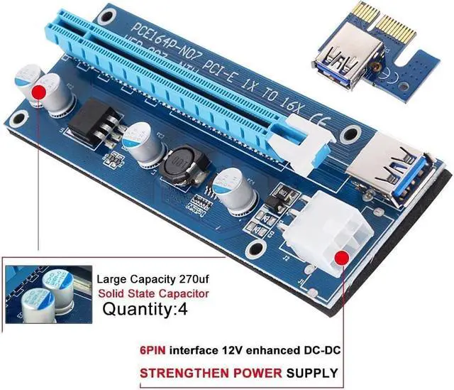 Alt view image 2 of 7 - CORN Mining Riser Card PCIE Mining Rig USB 3.0 GPU Riser Adapter Monero ETH BTC Miner with USB 3.0 Data Cable 60CM 15Pin SATA to 6Pin Power Cable Adhesive Pad VER006C Riser Cables 6 Pack