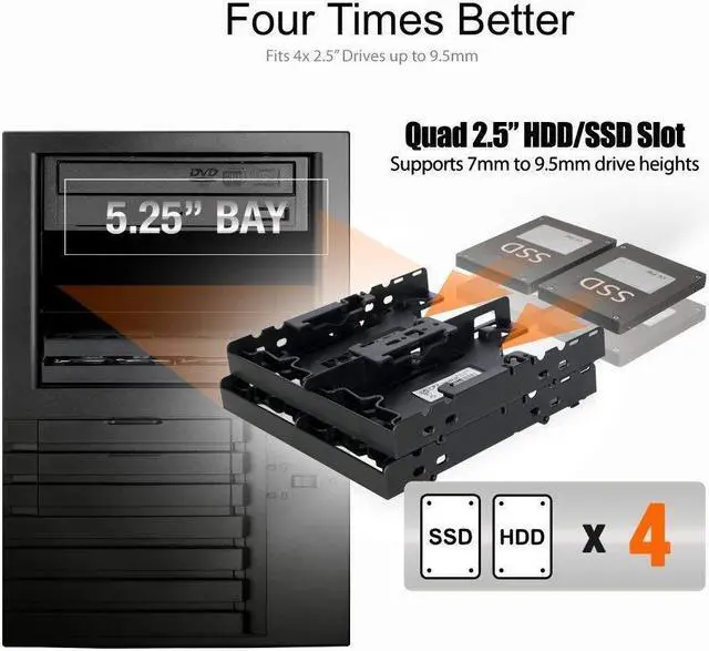 Alt view image 4 of 6 - ICY DOCK Quad 4 x 2.5 HDD/SSD Bracket Mounting Kit Adapter for 5.25" Drive Bay - Flex-FIT Quattro MB344SP
