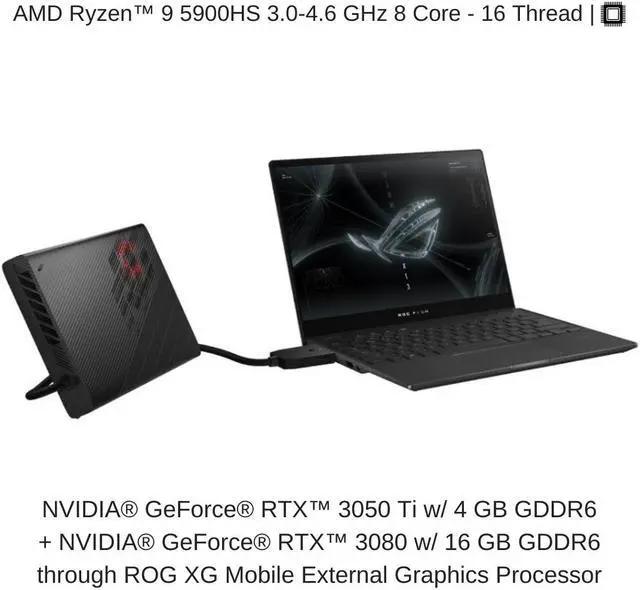 Alt view image 3 of 7 - ASUS ROG Flow X13 GV301QE 13.4" WUXGA 165Hz, 3.0 GHz Ryzen 9 5900HS, RTX 3050 Ti + RTX 3080, 16 GB 3200MHz RAM, 1 TB PCIe SSD