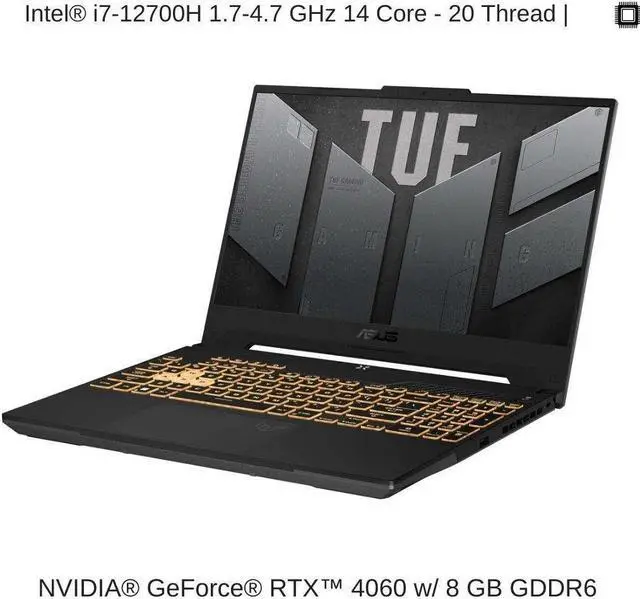 Alt view image 3 of 7 - ASUS TUF Gaming F15 FX507ZV 15.6" FHD 144Hz, 1.7 GHz i7-12700H, RTX 4060, 16 GB DDR4 RAM, 8 TB PCIe SSD, Windows 11 Pro