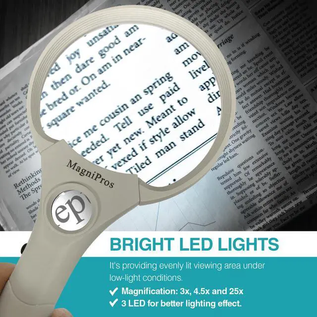 Alt view image 7 of 7 - MagniPros 3 Ultra Bright LED Lights 3X 4.5X 25X Power Handheld Reading Magnifying Glass with Light- Ideal for Reading Small Prints, Map, Coins, Inspection and Jewelry Loupe