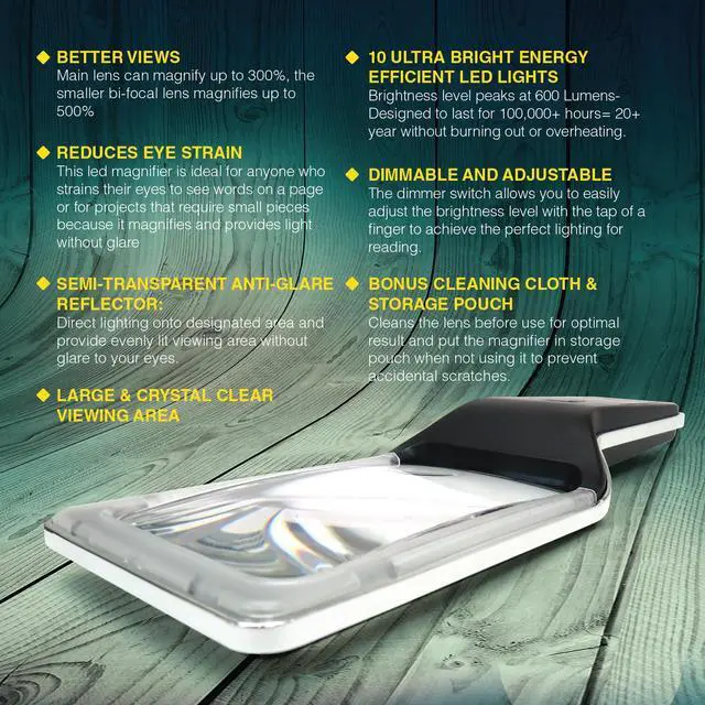 Alt view image 6 of 7 - Magnifying Glass Reading Magnifier 3X Large Retangular Lens+5X Zoom with 10 Ultra Bright Dimmable LEDs (Provide Evenly Lit Viewing Area) Great for Reading Small Prints, Low Vision Seniors & Aging Eyes
