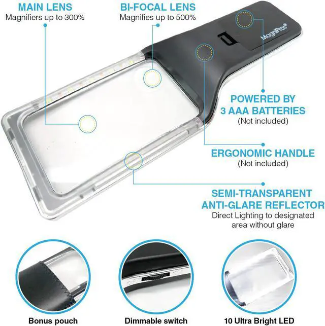 Alt view image 3 of 7 - Magnifying Glass Reading Magnifier 3X Large Retangular Lens+5X Zoom with 10 Ultra Bright Dimmable LEDs (Provide Evenly Lit Viewing Area) Great for Reading Small Prints, Low Vision Seniors & Aging Eyes