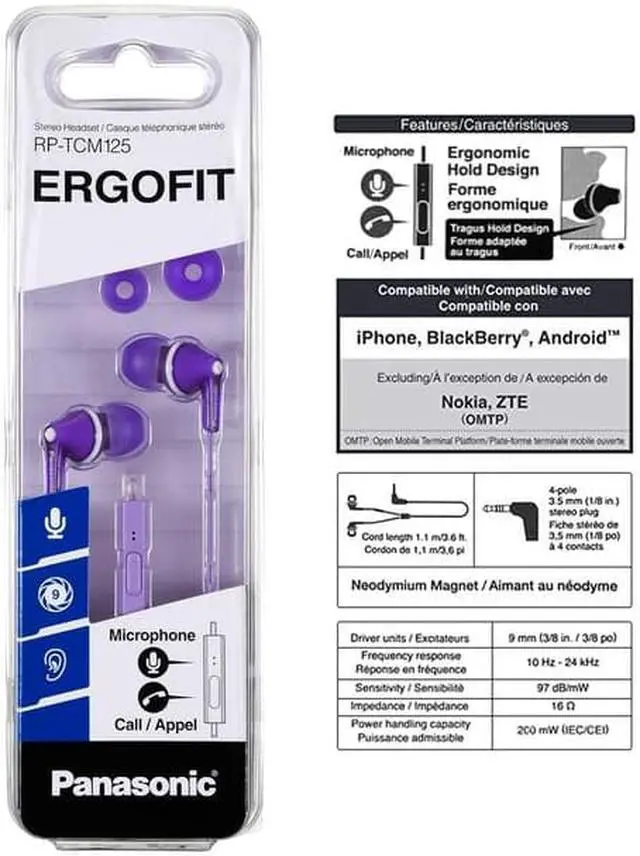 Alt view image 7 of 14 - Panasonic Rp-tcm125-v Tcm125 Earbuds With Remote & Microphone (Purple)