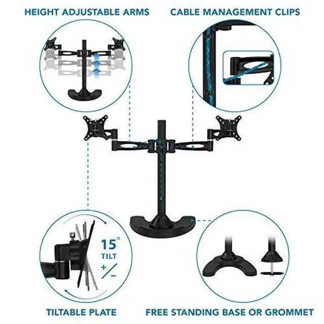 Alt view image 3 of 7 - Mount-It! Free Standing Dual Monitor Stand | Double Arm Desk Mount Fits Two x 21 24 27 Inch Computer Screens | 2 Heavy Duty Full Motion Adjustable Arms | VESA 75 100 Compatible | Grommet Base Included
