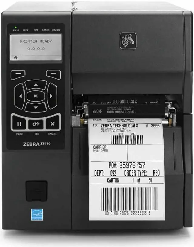 Main image of Zebra ZT410 4" Industrial Thermal Transfer Label Printer, LCD, 300 dpi, Serial, USB, 10/100 Ethernet, Bluetooth 2.1/MFi, USB Host, Peel, EZPL, XML Support, US Cord - ZT41043-T110000Z