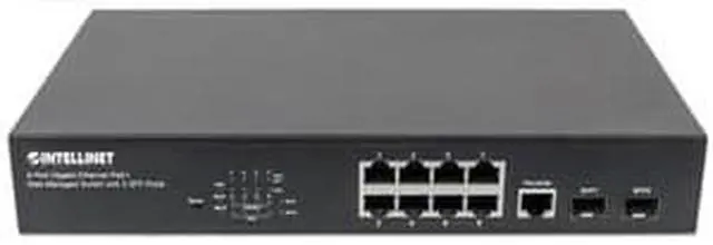 Main image of Intellinet 8-Port Gigabit Ethernet PoE+ Web-Managed Switch with 2 SFP Ports, IEEE 802.3at/af Power over Ethernet (PoE+/PoE) Compliant, 140 W, Self-Healing Network, Endspan, Desktop, 19" Rackmount
