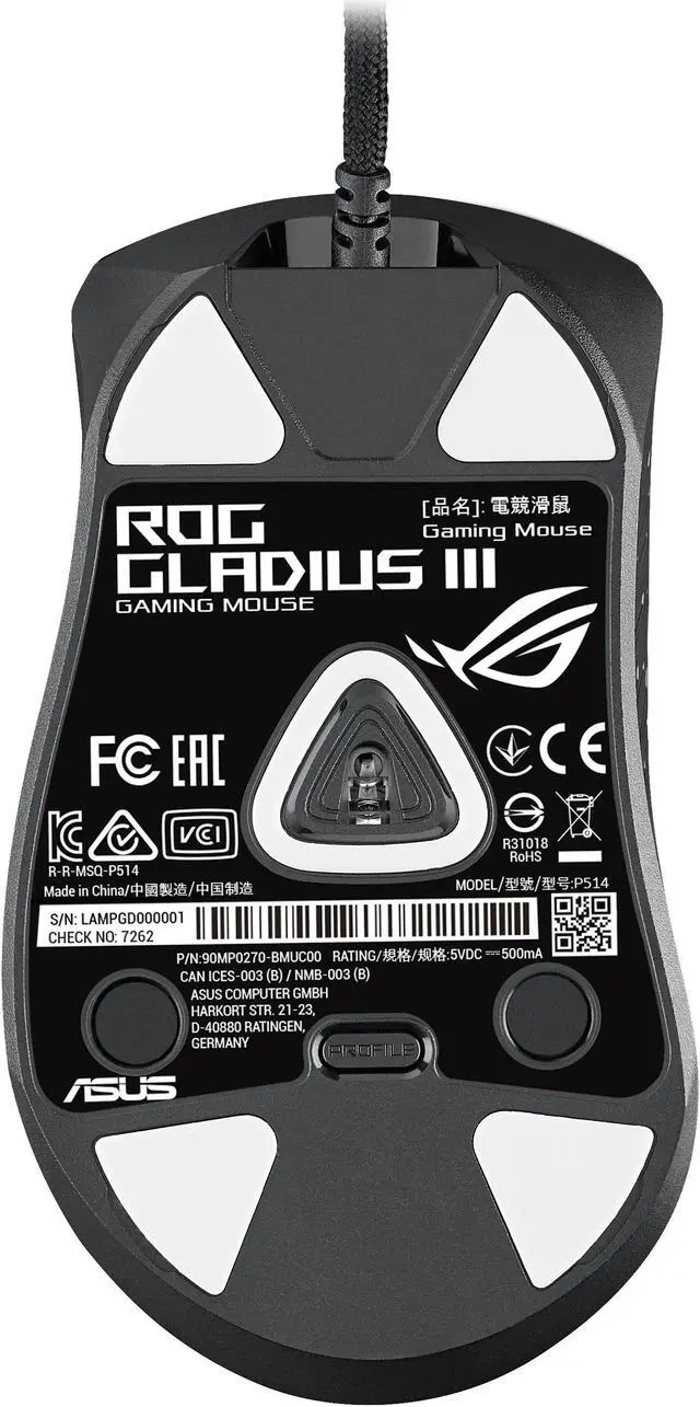 Alt view image 5 of 6 - ASUS ROG Gladius III 90MP0270-BMUA00 Black 6 programmable buttons & scroll wheel + 1 profile button Buttons 1 x Wheel USB Wired 19000 dpi Gaming Mouse
